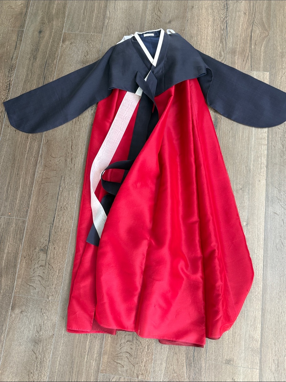 Korean traditional dress. Red and navy blue Dress, custom made by Kim Me Hee.